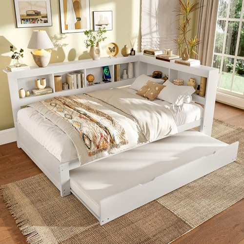 Soweiz Daybett, 140x200 cm, Schlafsofa, Tagesbett mit ausziehbarem Bett, Kinderbett mit Steckdose und 2 USB-Anschlüssen, Bett mit Lattenrost (ohne Matratze), Weiß