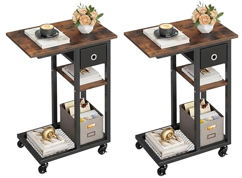 YITAHOME 2PCS Bedside Table, C-Shaped Side Table with Drawer and Wheels | Sofa Side Table for Small Spaces, End Table with 2 Storage Shelves, Living Room Bedroom
