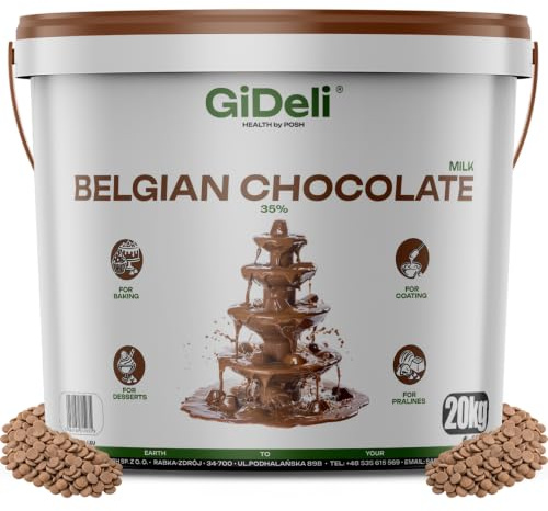 GiDeli Belgische Schokolade 20kg im Eimer - Pralinen Chips, Schokodrops - Vollmilch-Kuvertüre - Perfekt für Schokofondue, Backen, Schokobrunnen, Desserts & Glasuren