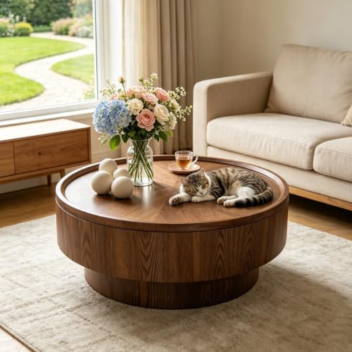 30.7in Drum Coffee Table with Storage,Round Coffee Table Walnut Veneered | Mushroom Coffee Table,Wooden Circle Center Table for Living Room,Apartment,Small Space,Home Office,Easy Assembly