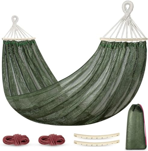 Camping Hängematte Outdoor Atmungsaktive Nylon Netzhängematte mit Holzstangen und Tragetasche, 290cm x 150cm, Grün, für Camping, Strand und Garten