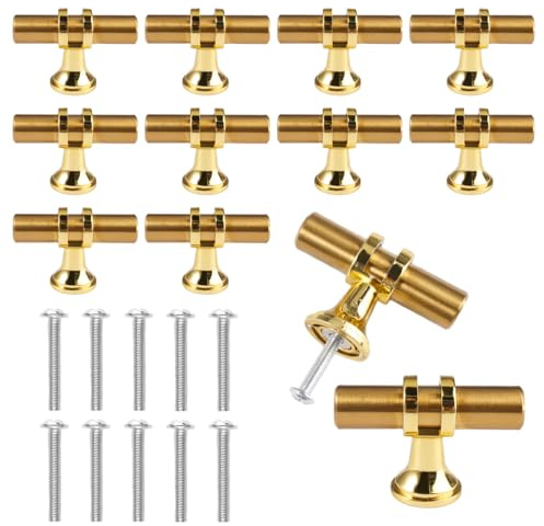 Jyongrmy 10 Stück T Schrankgriffe mit Schrauben, Gold Schrankknöpfe, Vintage Schubladenknopf, Möbelknöpfe aus Edelstahl, Einfache Installation, Schrankknöpfe für Türen, Schubladen und Kommoden, Küche