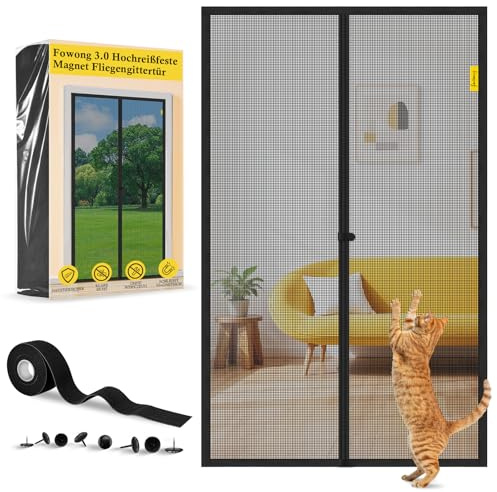 fowong Fliegengitter Balkontür Magnet, Neues Nanogitter 10xReißfester Insektenschutzgitter bis 5 Jahre, Starke Fliegengitter Tür, Breites Klettband Ohne Bohren, Geruchlos, Schwarz,110x200cm
