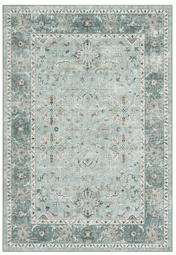 Garvee Waschbarer Teppich – Vintage Design, florales Muster, rutschfest, Kurzflor, pflegeleicht, vielseitig für Wohnzimmer, Esszimmer, Küche, Flur – Grün, 240x340cm, Spezifikation: Germany