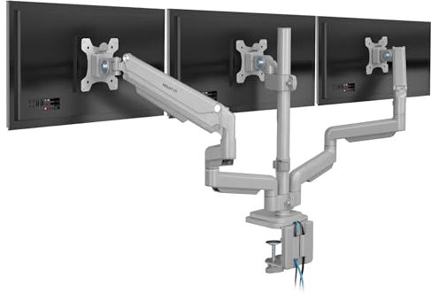Mount-It! Triple Monitor Mount | Desk Stand with USB and Audio Ports | 3 Counter-Balanced Gas Spring Height Adjustable Arms for Three 24 27 30 32 Inch VESA Screens | C-Clamp and Grommet Bases Included