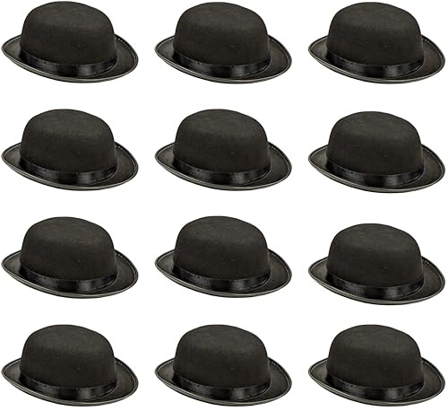 12 x Black Bowler Hats – Adults Fancy Dress Costume Accessories – Classic 1920s Hat for Men & Women – Soft Felt with Satin Band – Twenties, Dance, Victorian & Theatre Props – Unisex One Size Fits Most