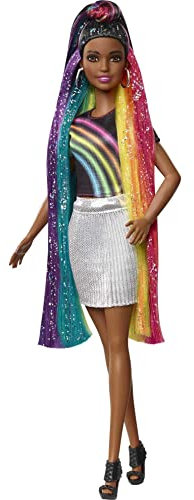 Barbie FXN97 Regenbogen Glitzerhaar Puppe, Puppen Spielzeug ab 5 Jahren
