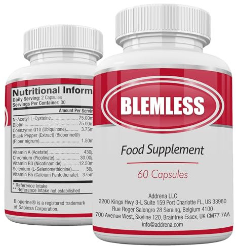 Blemless 30 Day- Clear Skin Supplement Pills Designed to Reduce Oily Breakouts from Spots & Blemishes with Vitamins A, B5, NAC, & Selenium for Women, Men, Teens, & Adults | 60 Natural Capsules