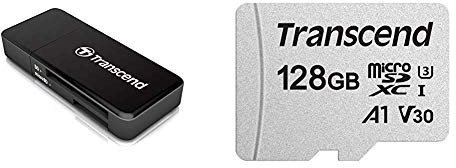 Transcend Lecteur de cartes SD/MicroSD USB 3.0 Noir TS-RDF5K + Carte Mémoire microSDXC 300S 128 Go - UHS-I Classe 3
