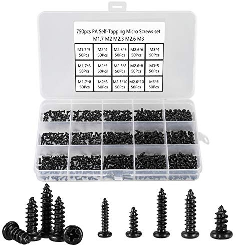 HanTof 750 Pcs Small/Micro/Tiny/Mini Self-Tapping Screws, M1.7-M3 Phillips Pan Head, Cross Recessed, DIY Electronic, Carbon Steel (Black)