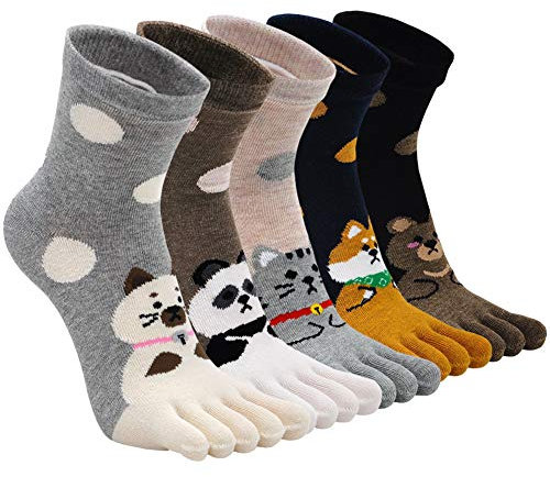 ZAKASA Zehensocken Damen Baumwolle mit Lustig Tiere Muster, Bunt Five Finger Socken, Laufen Socken mit Zehen Einzeln, Atmungsfähig Zehensocken Arbeit Sports, EU 35-42, 5 Paare
