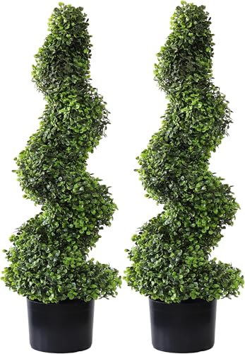 Pair of Artificial 90cm Topiary Trees Fake Spiral Twist Boxwood Tree Decorative Tower Plant in Pot for UK Garden Home Front Door