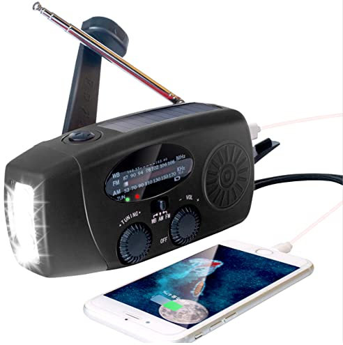 Radio solaire d'urgence à manivelle avec lampe de poche LED, radio météo Am Fm NOAA, 2000 mAh, chargeur de téléphone portable pour la maison et l'extérieur (noir)