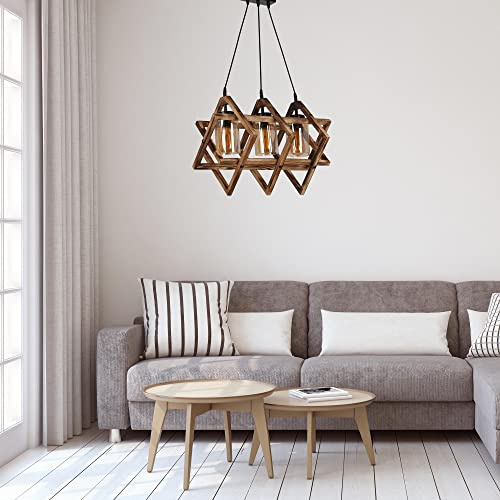 Opviq Rustic Wooden Chandelier with Metal Frame & Glass Cap, Adjustable Height 43x43x57 cm, Brown | E27 Socket, Max 40W | Perfect for Southwestern & Country Decor