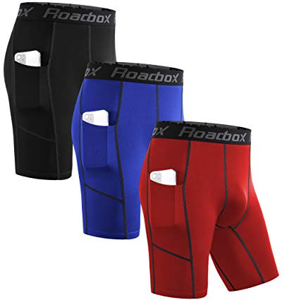 Roadbox Compression Shorts Mens 3 Pack with Pockets, Sports Underwear Base Layer Shorts, Quick-Drying Fabric Protect Leg Skin, for Running, Gym, Shorts, Cycling, Rugby