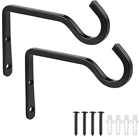 POTWPOT Hanging Basket Bracket, 2 Pack Wall Hanging Basket Hooks Heavy Duty Wall Hanging Basket Stand Hooks for Flower Basket Plants Bird Feeder Wind Chimes (Black)