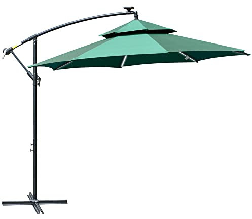 Outsunny 3(m) Cantilever Banana Parasol Hanging Umbrella with Double Roof, LED Solar lights, Crank, 8 Sturdy Ribs and Cross Base for Outdoor, Garden, Patio, Green