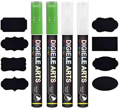 DIGIELE Kreidestift Weiß + Grün, 2 Kreidestifte Weiß + 2 Kreidemarker Grün 3mm + 16 Tafel Labels, Trocken oder Feucht Abwischbare Flüssigkreide, Reversibel Stiftspitze - Whiteboard/Tafel/Fenster/Glas