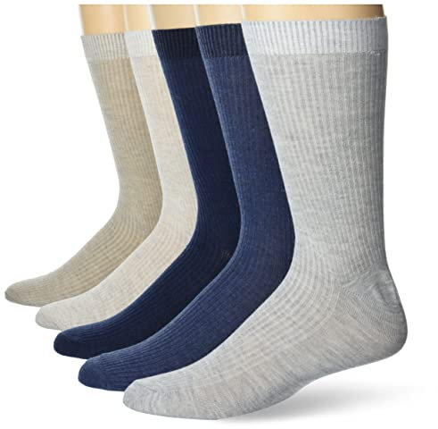 Perry Ellis Men's Portfolio Crew Socks with Reinforced Heel and Toe, 5-Pack, Khaki/Grey/Blue, One Size