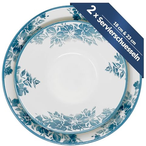 Lashuma Keramik Schüssel blau Enzian, 2x Pastaschalen 18 cm - 23 cm Ø, runde Müslischale groß