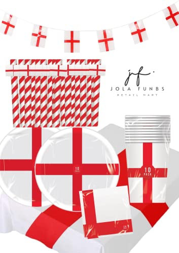 England Partyware 92 Pcs -EURO 2024 Party Plates Cups And Napkins, Table Cloth, England Paper Straw And England Flag Bunting For EURO 2024 six nations decoration england football