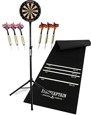 Stagecaptain DBS-1715 Bullseye Pro Dartscheibe Komplett Set - Profi Steeldartscheibe aus Sisal - Dartteppich aus Gummi - Höhenverstellbarer Ständer - 6 Dartpfeile und 4 Sets Flights - Schwarz