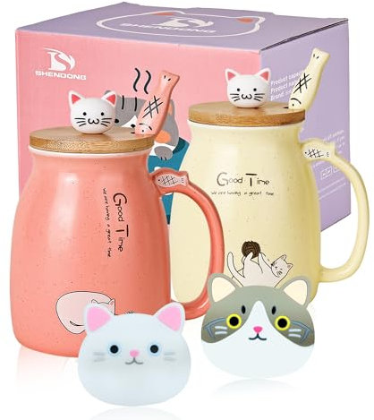 SHENDONG 2er-Pack Katzenbecher Niedliche Kaffeetassen aus Keramik im 2er-Set mit Bambusdeckel und Löffel Neuheit Morning Cup Kaffee-Milch Tee-Becher-3D Tier Katzen-Tassen für Katzenliebhaber Geschenke