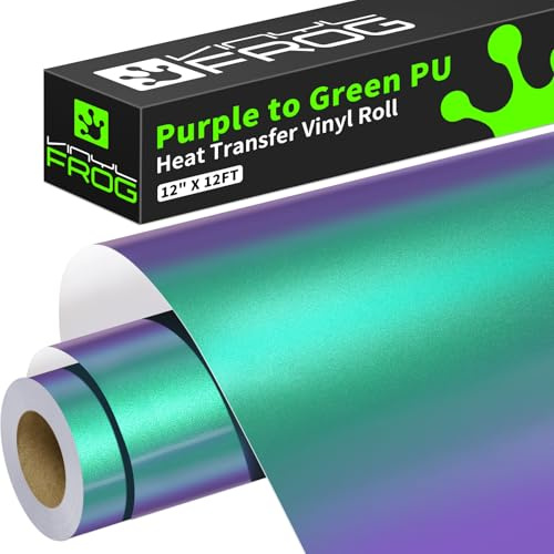 Vinyl Frog Chameleon Heat Transfer Vinyl Roll HTV Vinyl - 12 x12ft Purple to Green Gradient Iron on Vinyl for T-Shirts, Heat Press Vinyl for DIY Craft Designs (Purple to Green), VF-HTV08-PTG-1X12FT