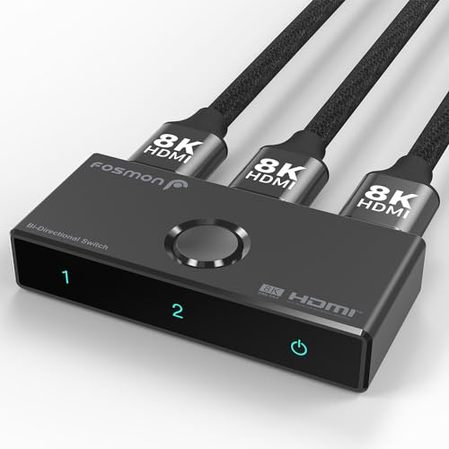 Fosmon Conmutador HDMI 2.1 8K Bidireccional Splitter para Pantallas | Compatible con PS5, Xbox, y PC. Switch Selector 48Gbps de 2 Entradas 1 Salida o 1 Entrada 2 Salidas, Soporta HDR10+