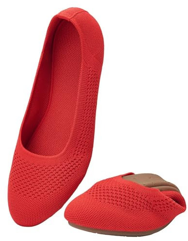 Puxowe Damen Ballerina Runde Zehe Stricken Flache Schuhe Komfort Weich Slip On Ballerina Walking Flats Schuhe für Frauen Niedriger Keil Lässig 37.5 EU Red