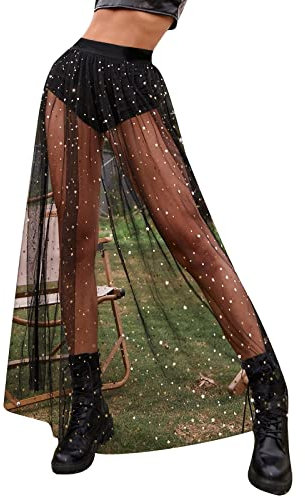 Modaworld Rave Outfit Damen Glitzer Rock Festival Rock Outfit Fransen Pailletten Fransenrock Festival Mesh Transparent 2 In 1 Maxirock