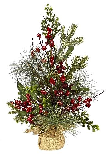 Red Berries Christmas Tree Pre-Lit Artificial Green Pine Branches Jute Base 60cm