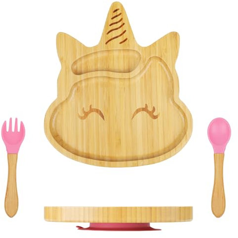 wooshwa Ventouse en Bambou pour Bébés, Assiette Bébé Divisée Antidérapante avec Couverts Enfant (Rose, Licorne)