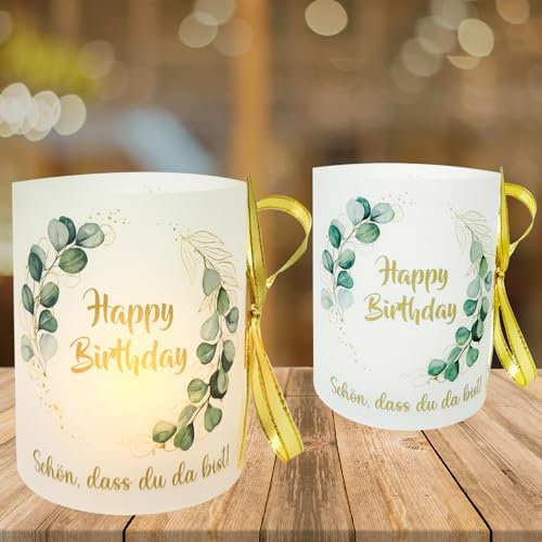 12 Windlicht Tischdeko Geburtstag, Happy Birthday Tischdeko, Geburtstagsdeko Tisch Mann Frauen Mädchen Jungen, Schön DASS Du Da Bist, Motiv Eukalyptus