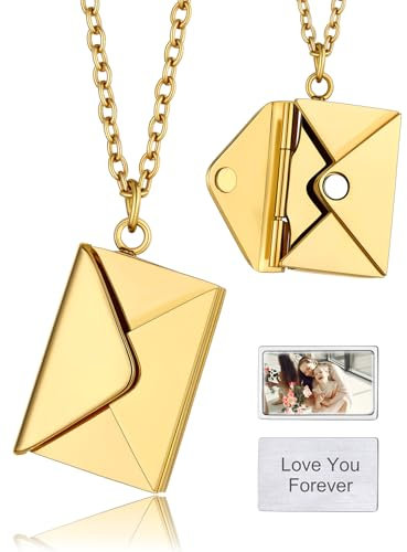 GoldChic Personalisierte Damen Umschlag Medaillon zum Öffnen für Bilder Aufklappbare Frauen Mädchen Memorial Liebesumschlag Amulett Gold Halskette mit Gravur Modeschmuck Geschenk
