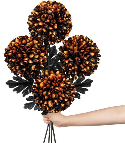 6'' Large Artificial Chrysanthemum Flowers with 24.7'' Long Stem, 4 pcs Black Orange Fake Silk Flowers Glittery Faux Ball Flowers for Home Decor, Bridal, Wedding, Party, Halloween, Floral Arrangement
