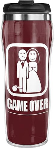 Pixly® Game Over Marriage Thermal Travel Mug Coffee Tea Flask, 400ml/14oz Capacity, Funny Joke Valentine Gift for Wife Husband Him/Her