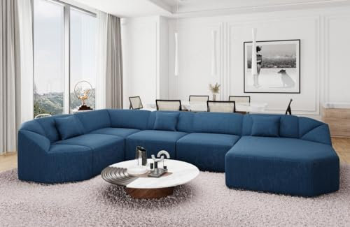 Wohnlandschaft Cabrera U Form Stoffsofa Sofa in Strukturstoff Designersofa Webstoff (Blau, Ottomane rechts)