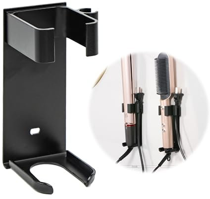 Wandhalterung Lockenstab Wand Halterung Glätteisenhalter - Halter Ständer aus Aluminium Selbstklebend mit Steckerhalter für Haarstyler Haarglätter Glätteisen im Baderzimmer, Schwarz