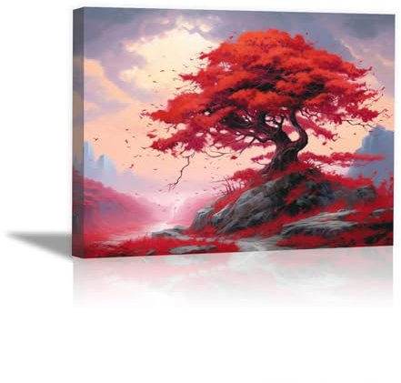 JOSUE Quadro Albero Della Vita Paesaggio al tramonto Stampe E Quadri Su Tela,Rosso, Grigio Quadro Decorazioni Camera Da Letto Ufficio Bagno-30x40cm Incorniciato