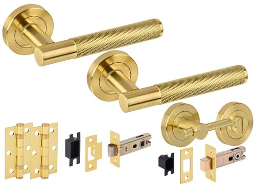 Hunta HANDLEZONE® Evo Knurled Grip Door Handles on Rose Bathroom Deadbolt Pack with Knurled Turn Set, 76mm Lock and Latch, 75mm Ball Bearing Hinges - Brushed Brass