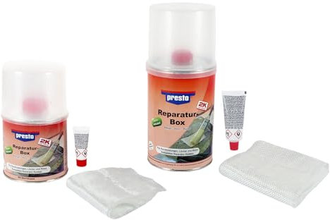 2K Reparaturbox 2-Komponenten Polyesterharz mit Härter + Glasfasergewebe für große Löcher, Durchrostungen + Schadstellen, KFZ Boot Rohre Modellbau Formenbau (250g)