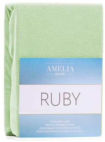 AmeliaHome Sábana Bajera Ajustable de algodón de Rizo, 150x200-160x200 cm, Color Verde Claro