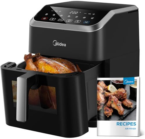 Midea Heißluftfritteuse 7L Fassungsvermögen, HeatXpress Technologie 90% weniger Öl, Energie- und Zeitersparnis mit 7 Voreinstellungen, Easy-View Fenster & Licht, Antihaft, Schwarz