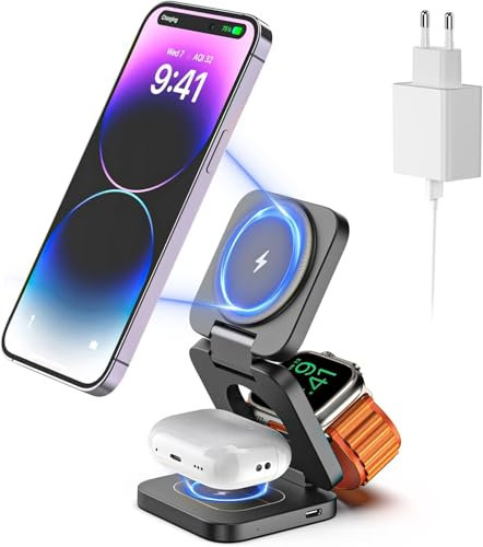 KEMI - Cargador de inducción inalámbrico 3 en 1, soporte de carga magnético plegable para iPhone 15/14/13/12 Pro/Plus/Pro Max/Mini, cargador rápido de 5 W para Apple Watch 7/6/5/4/3/2/SE, para AirPods