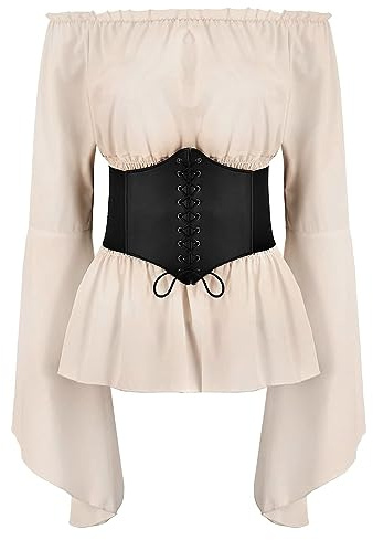 ABEHIK Damen Mittelalter Oberteil für Frauen Gothic Renaissance Bluse Langarm Trachtenbluse mit Trompetenärmel Schulterfrei Top Off Shoulder Shirt