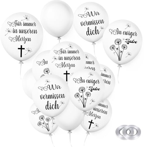 Qeioauek 38 Pcs Weiße Trauer Luftballons, Gedenkballons, Beerdigung Ballon, Wir vermissen dich Luftballons, mit 2 Rollen Ballonband, für Trauerfeier, Beerdigung, Jubiläum, Gedenkdienste