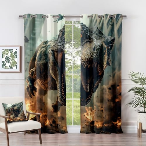 Generisch Vorhänge Dinosaurier - Tiere 3D T-Rex Dino Fenster Gardinen mit Ösen, Vorhang Blickdicht Verdunklungsvorhänge Thermovorhang für Wohnzimmer Schlafzimmer Deko 2er Set, H 166 x B 75 cm J#-82