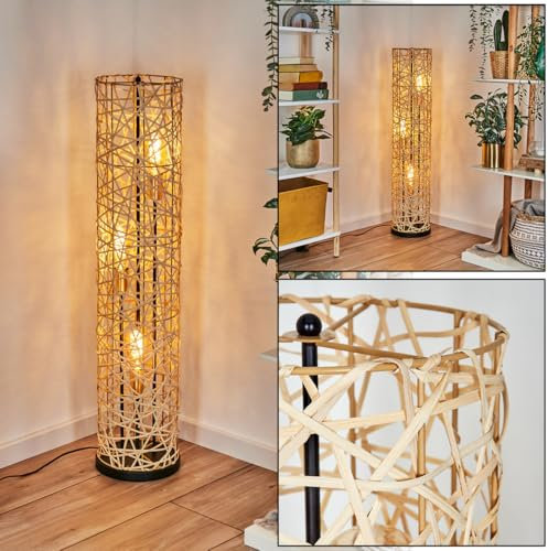 HOFSTEIN Stehleuchte Nordby, Stehlampe aus Metall/Bambus in Schwarz/Gold/Natur, Leuchte im Skandinavischen/Boho-Design mit Fußschhalter u. Lichteffekt, E27, Wohnzimmer, Schlafzimmer, Esszimmer, Büro