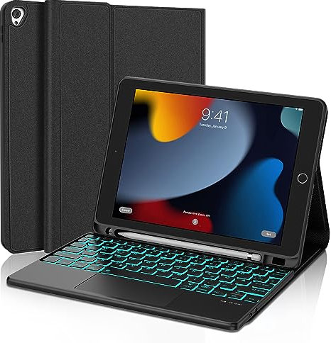 Tastatur Hülle mit Touchpad für iPad 10.2 Zoll (9/8/7 Generation) 2021/2020/2019, 7 Farben Beleuchtung Deutsches QWERTZ Wiederaufladbar Abnehmbarer Tastatur Air 3, Pro 10.5, Schwarz